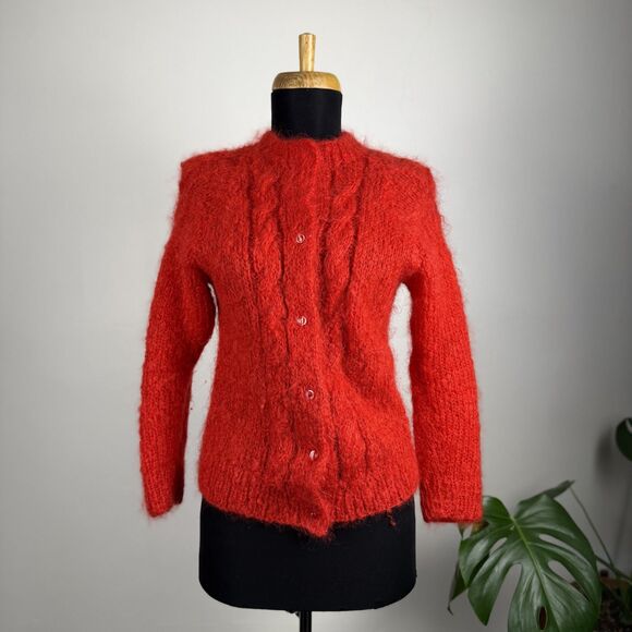 Vintage Hand Knit Red Mohair Cardigan Sweater | Fuzzy Cable Knit Button Front - Picture 2 of 12